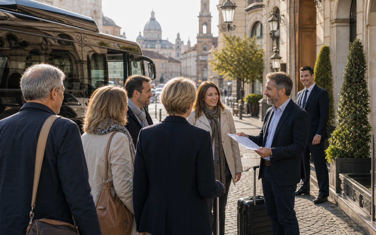 Q Events local guide welcoming a group travel program in Europe